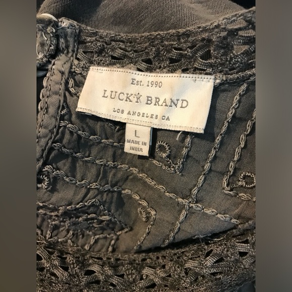 LUCKY BRAND Embroidered Top Shirt Peasant Blouse Pleated Gray Slub Boho 3/4 Slv - Picture 8 of 10